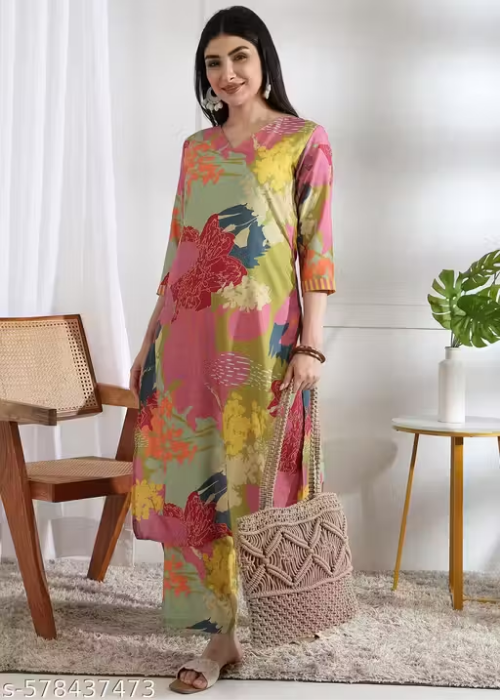 Floral Mandarin Collar A-Line With Trousers