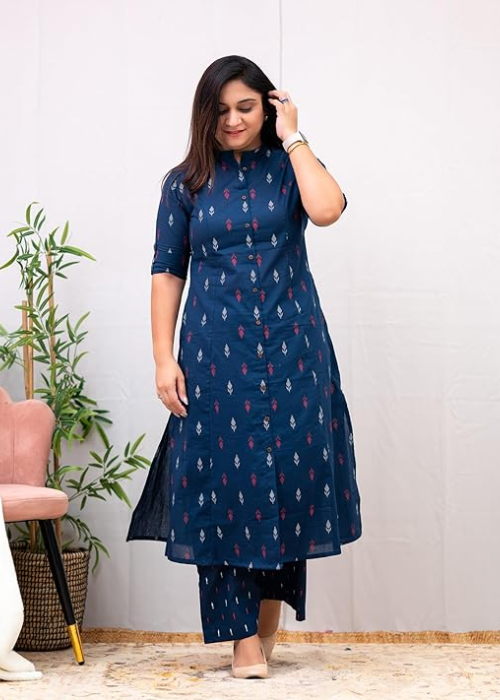 Ethnic Wear Women's Blue Blend A-Line Kurta Pant Set
