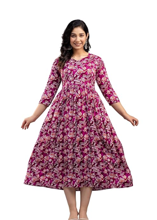 Gown Floral | Half Sleeve | V-Neck | Fit & Flare | Flared Hem Design | A-Line Maxi Dress | Casual Wear