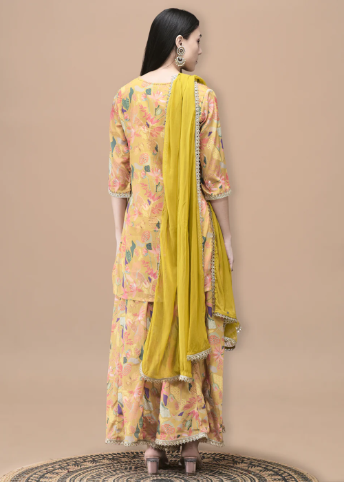 Women Chinon Mustard Floral Print Kurta Split Pant Dupatta