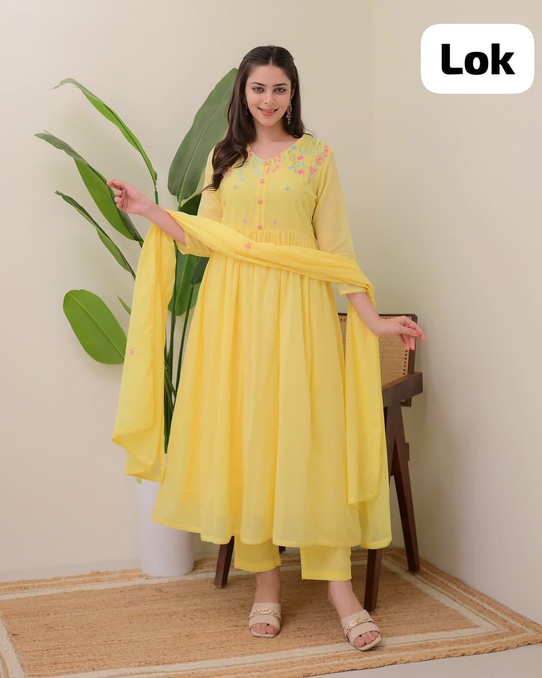 Yellow Floral Cotton Kurta Pant Dupatta Suit Set