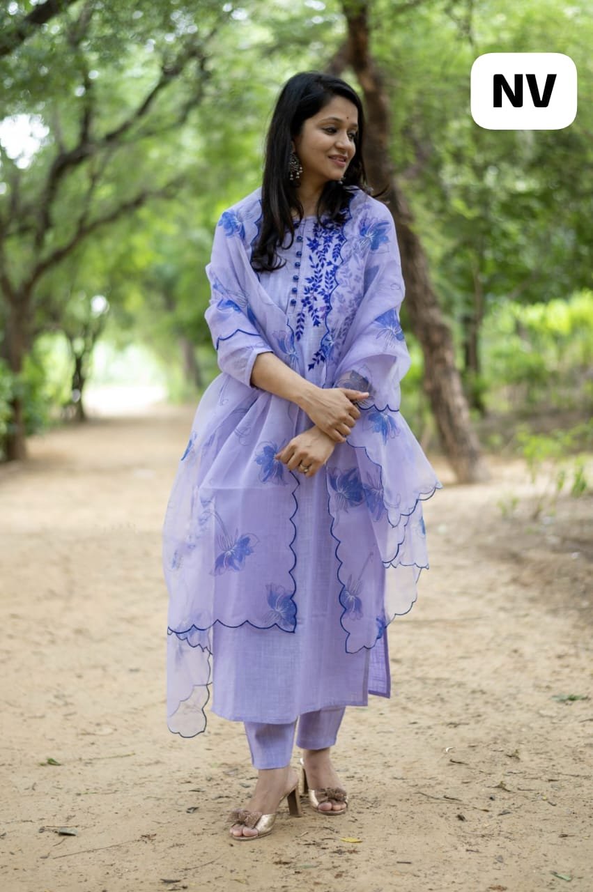 Lavender Handloom Cotton Kurta Pant with Organza Dupatta