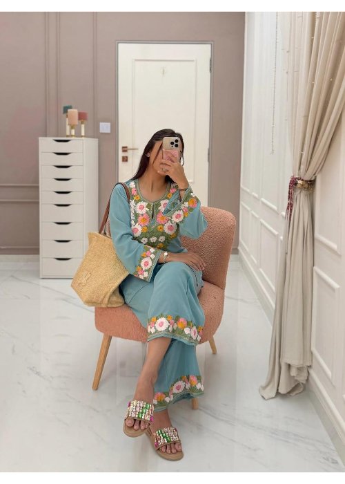 Pure Cotton Sky Embroidered Co-Ord Set