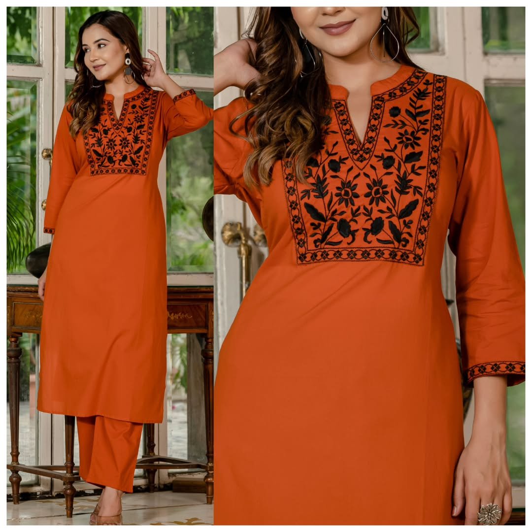 Cotton Thread Embroidered Kurti Palazzo Set