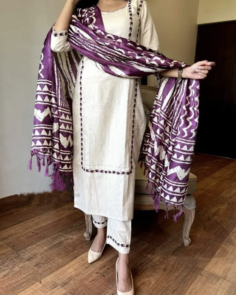 Cotton Kurta Pant with Ikkat Dupatta Set