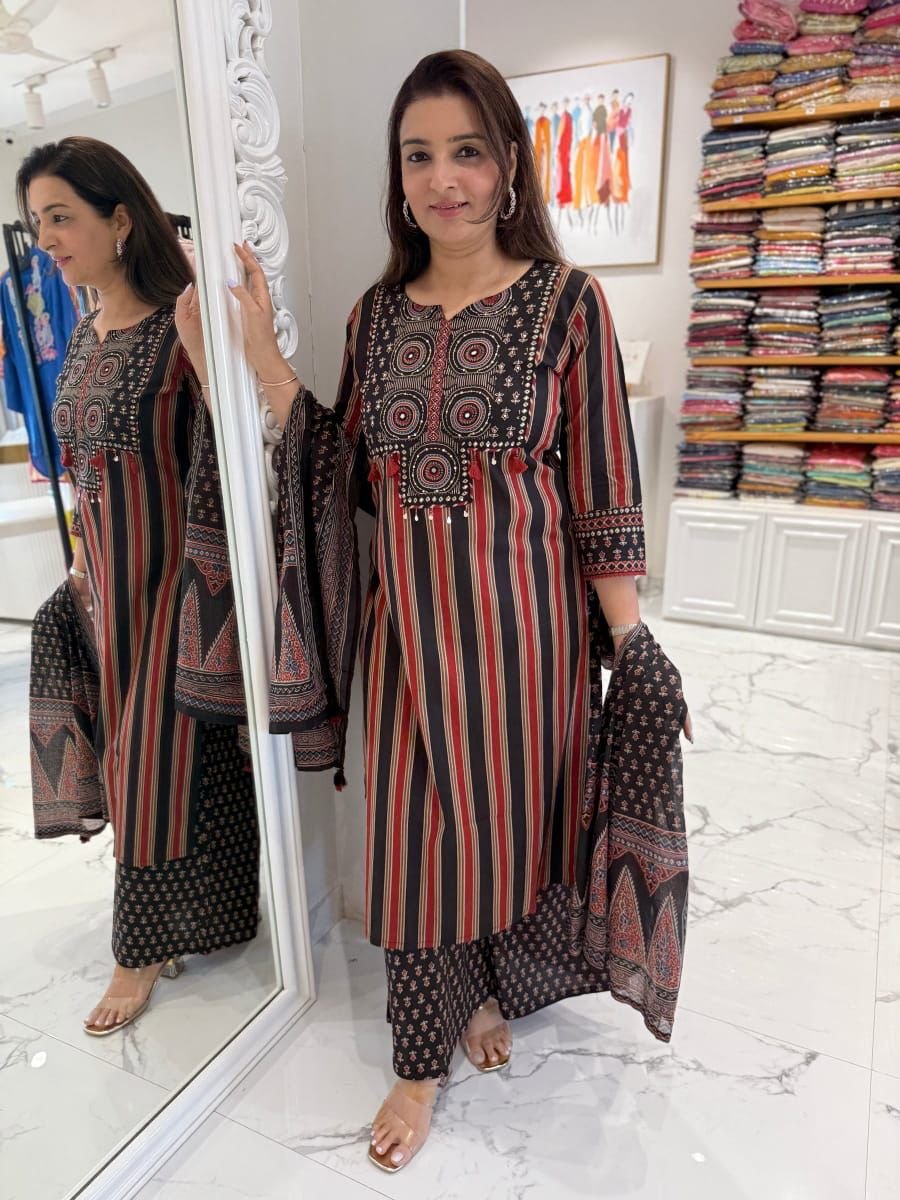 Cotton Procin Printed Suit Set with Katha Work