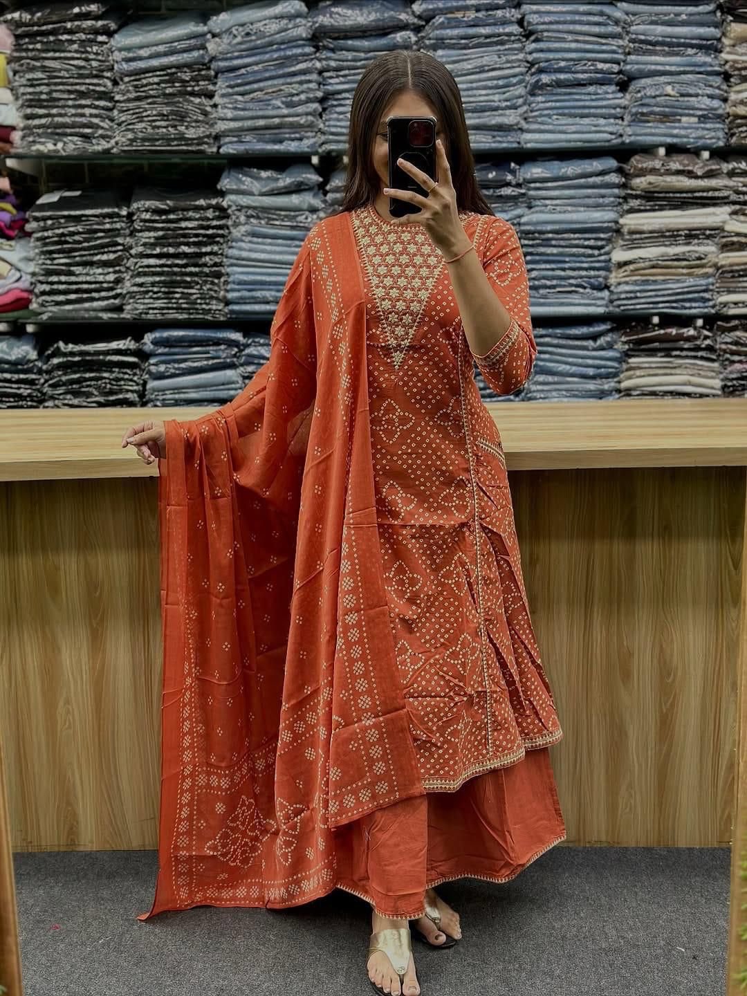 Orange Cotton Embroidered 3-Piece Suit Set