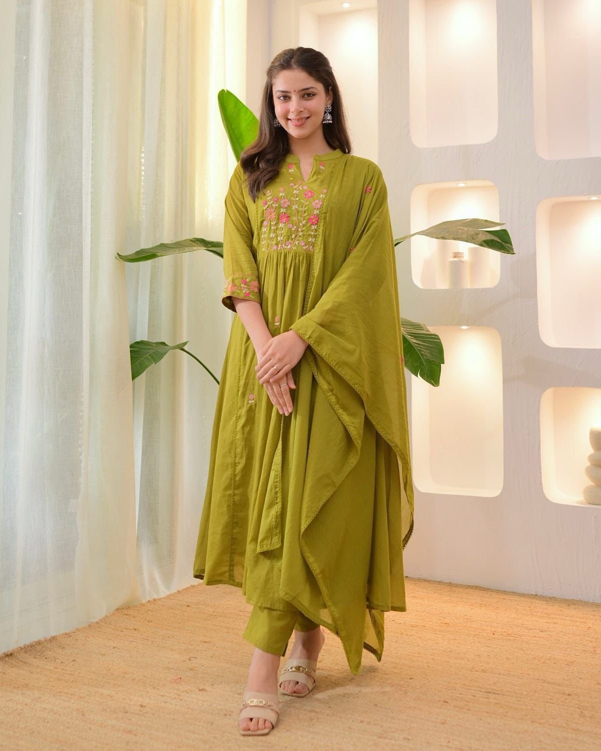 Green Cotton Embroidered Kurti Set with Pant & Dupatta