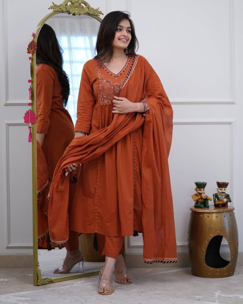 Orange Natra Cut Embroidered Kurta Set