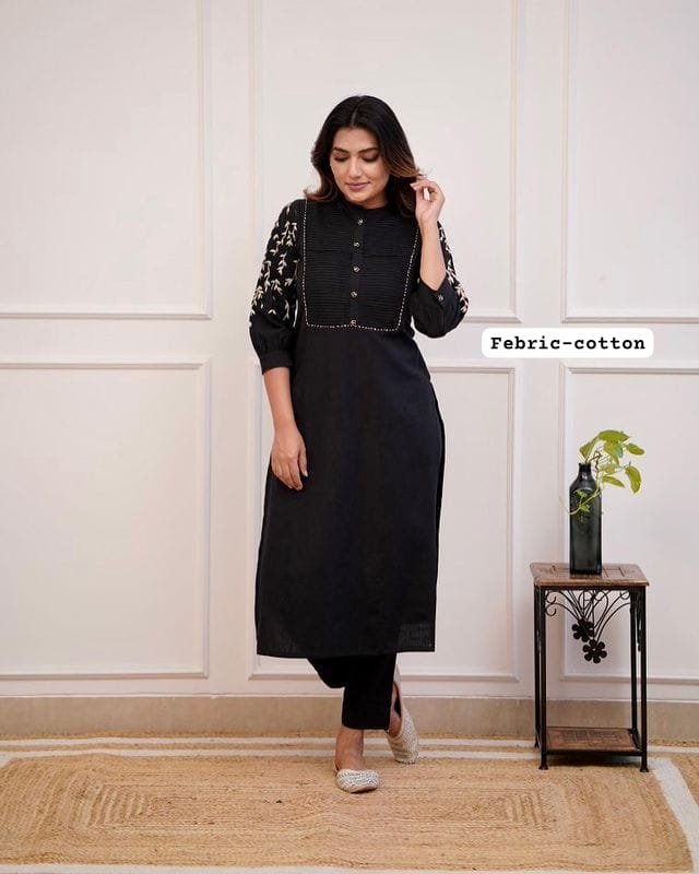 Black Kurti Pant Set with Embroidery & Pintex Detailing