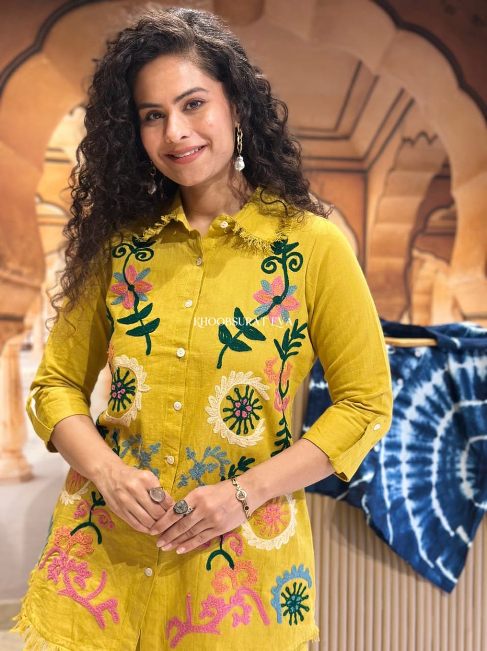 Yellow Flex Coord Set with Embroidery and Lace Work