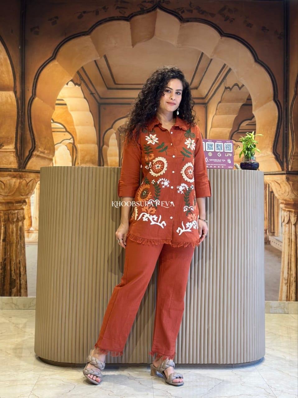 Brown  Flex Coord Set with Embroidery and Lace Work