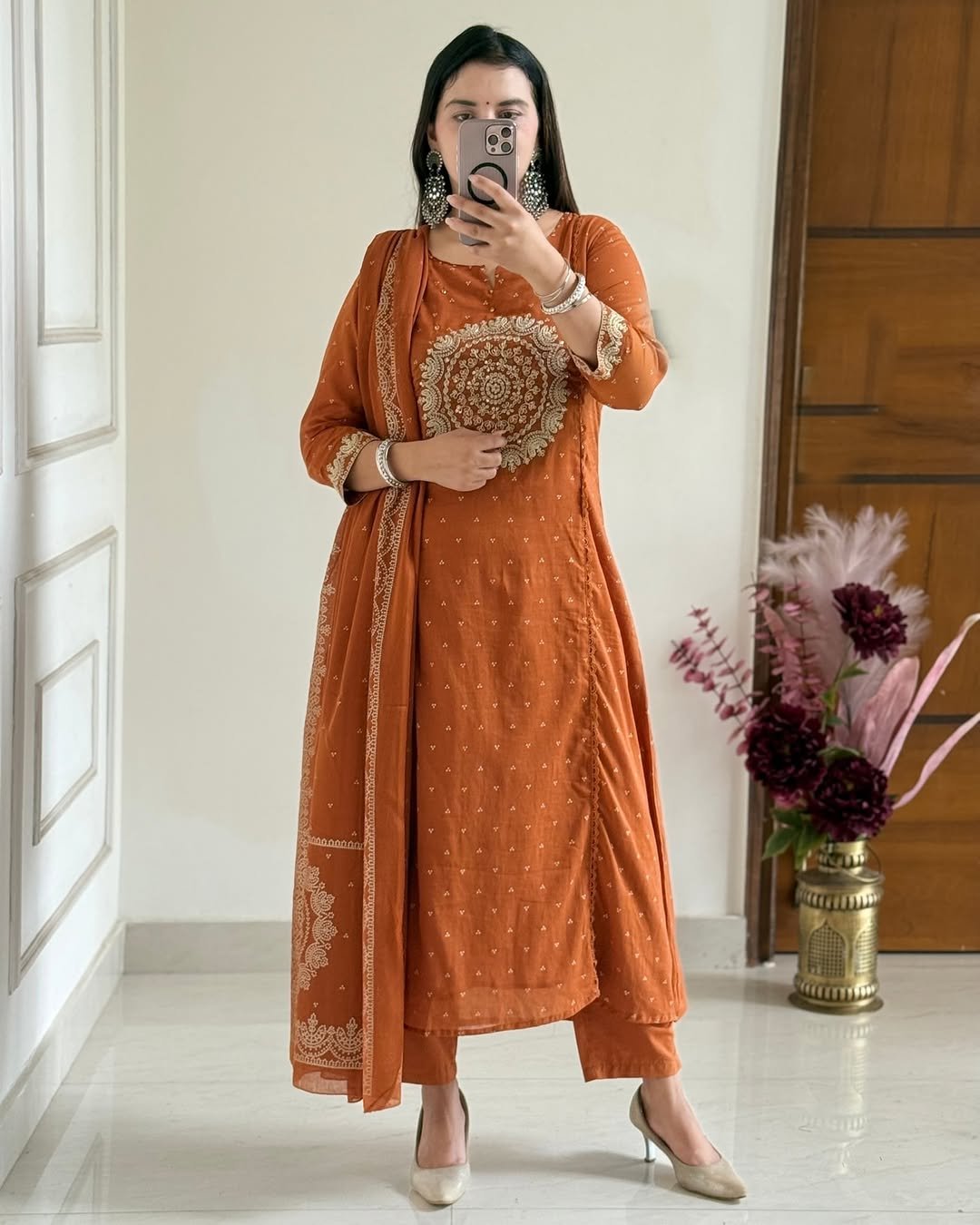 Orange Cotton Suit Set with Embroidered Dupatta