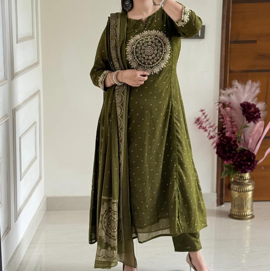 Green Cotton Suit Set with Embroidered Dupatta