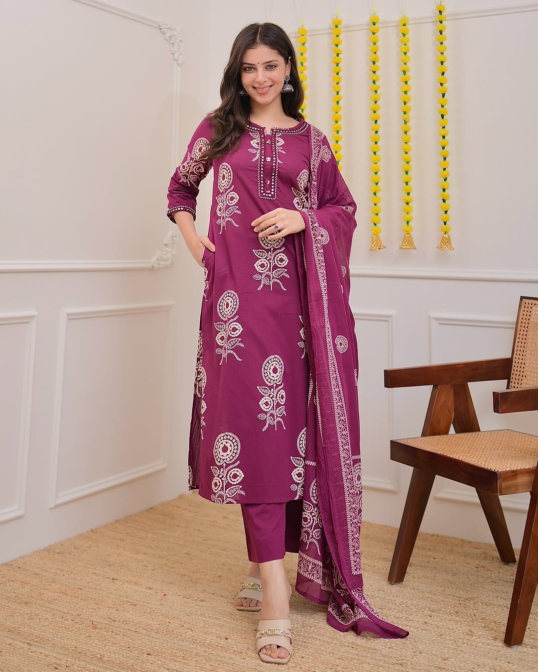 Wine Cotton Kurti Pant Dupatta Set with Embroidery