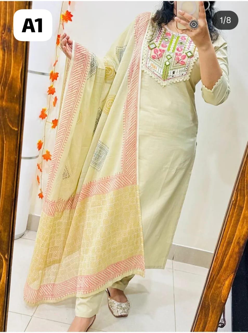 Embroidered Cotton Kurti Palazzo Dupatta Set