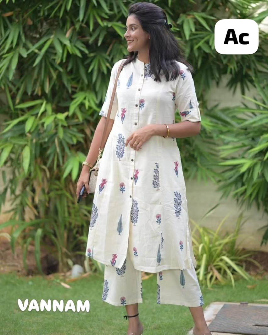 White Floral Cotton Kurti Palazzo Co-Ord Set