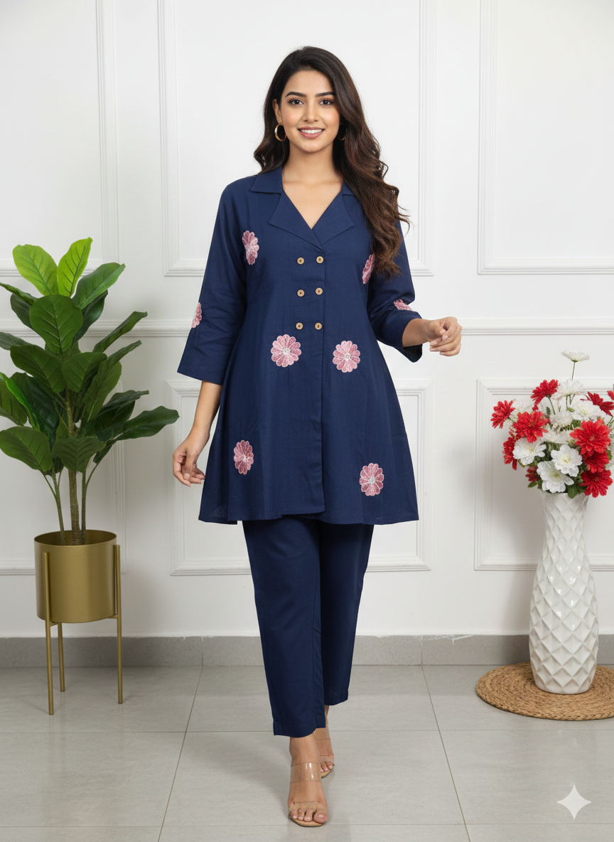 Blue Cotton Slub Angrakha Embroidered Co-Ord Set