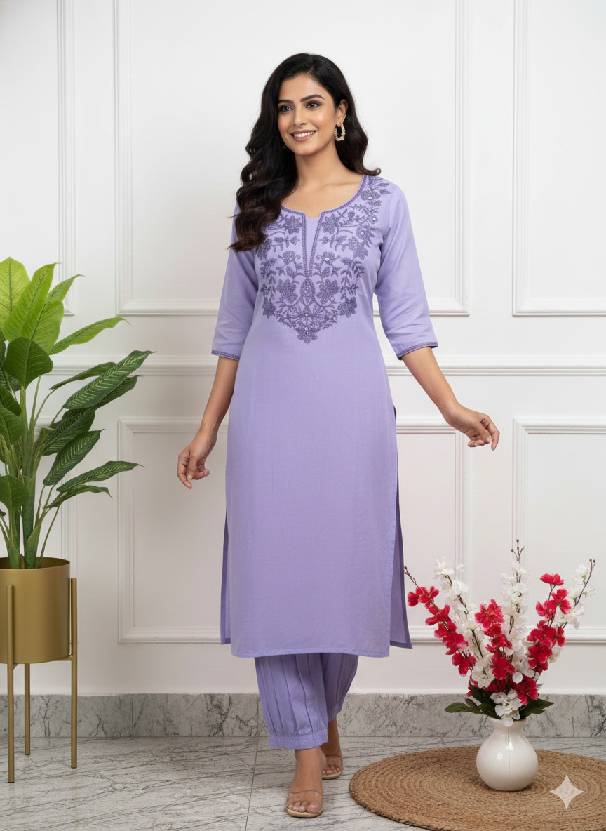 Purple Khadi Flex Cotton Embroidered Suit Set