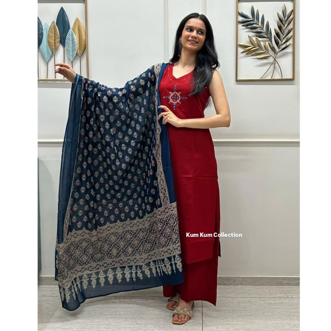 Handloom A-Line Kurti Palazzo Set with Linen Dupatta