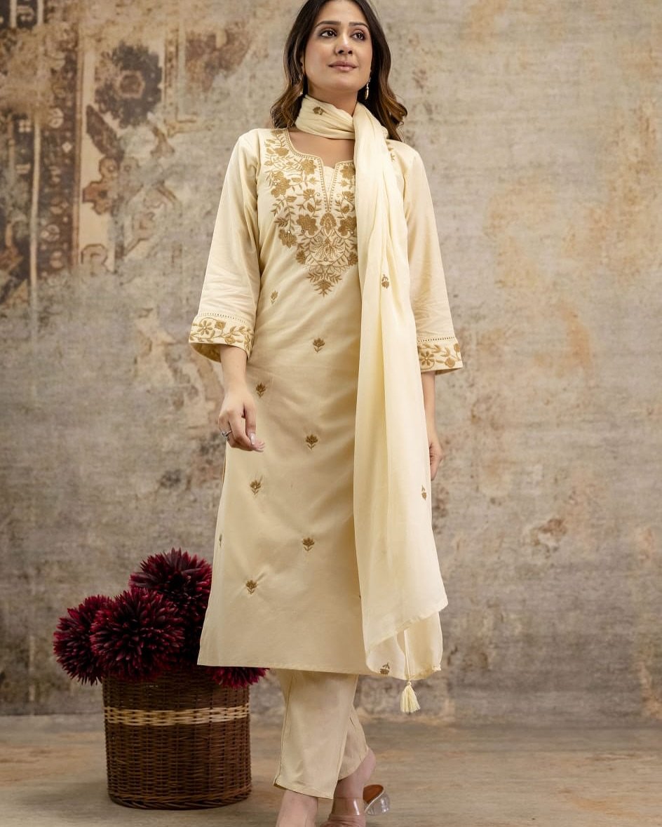 Cream Khadi Flex Cotton Embroidered Suit Set