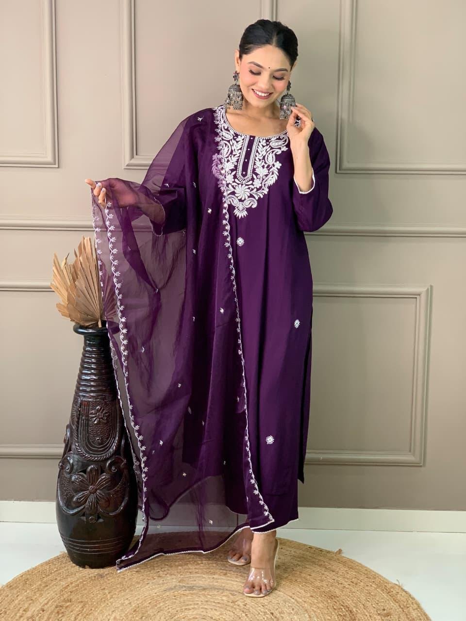 Purple Rayon Mirror Work Kurti Set
