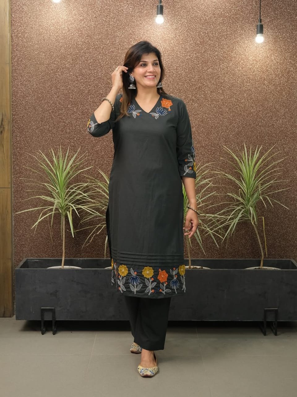 Black Cotton Embroidered Kurta Pant Set