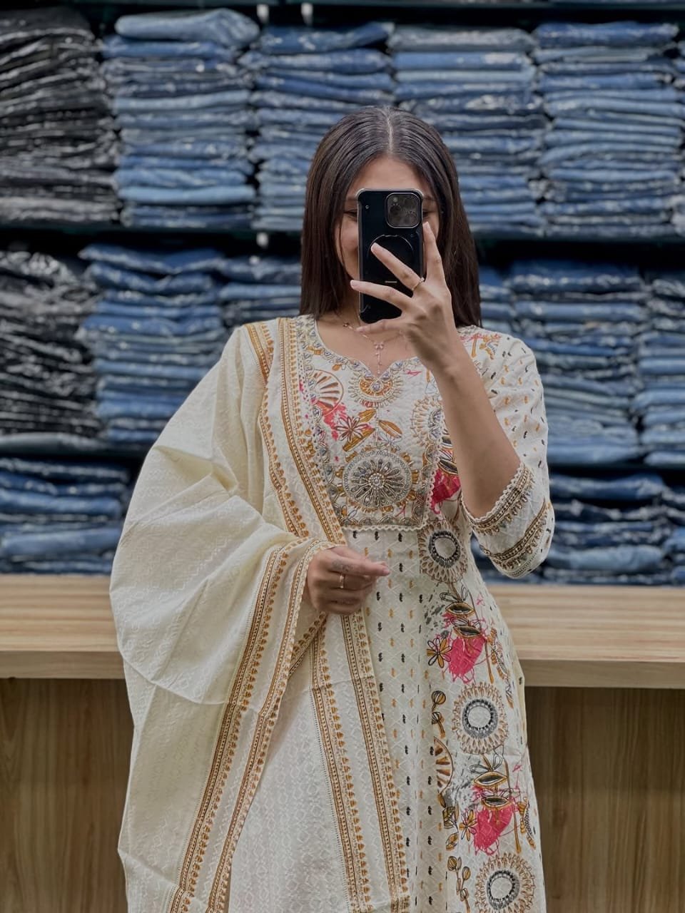 White Cotton A-Line Kurti Set