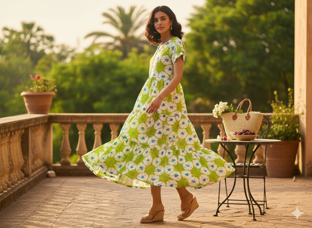 Green Printed Cotton Midi Gown Dress