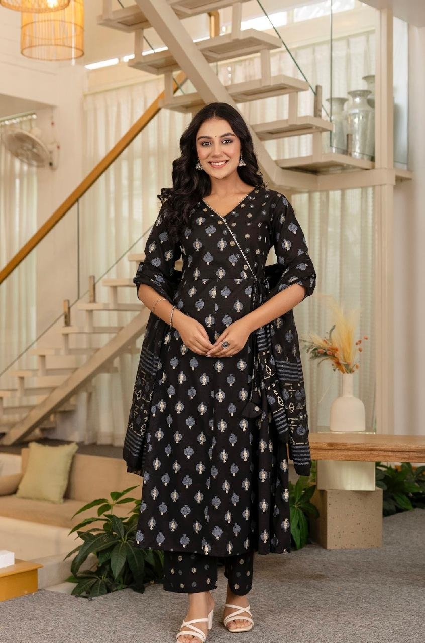 Embroidered Angrakha Anarkali Cotton Suit Set