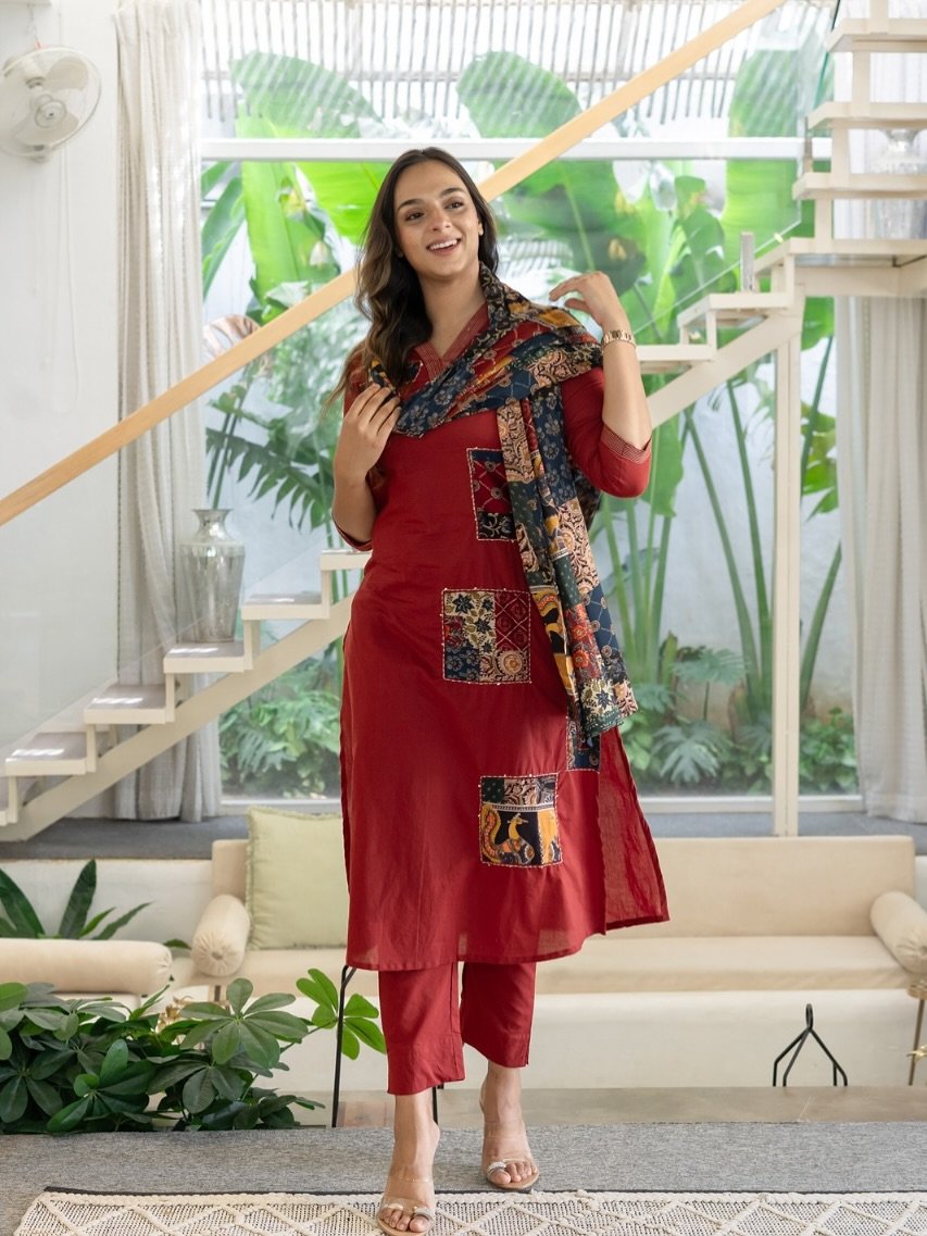 Kantha Patch Work Cotton Kurti Pant Set