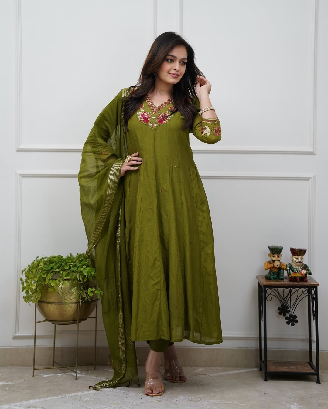 Green Cotton Anarkali Suit Set with Mirror Work