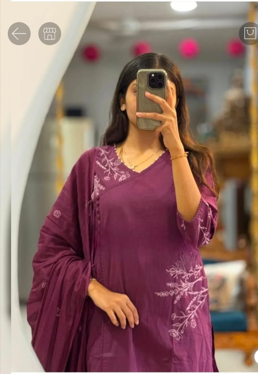 Wine Cotton A-Line Kurti Pant Dupatta Set