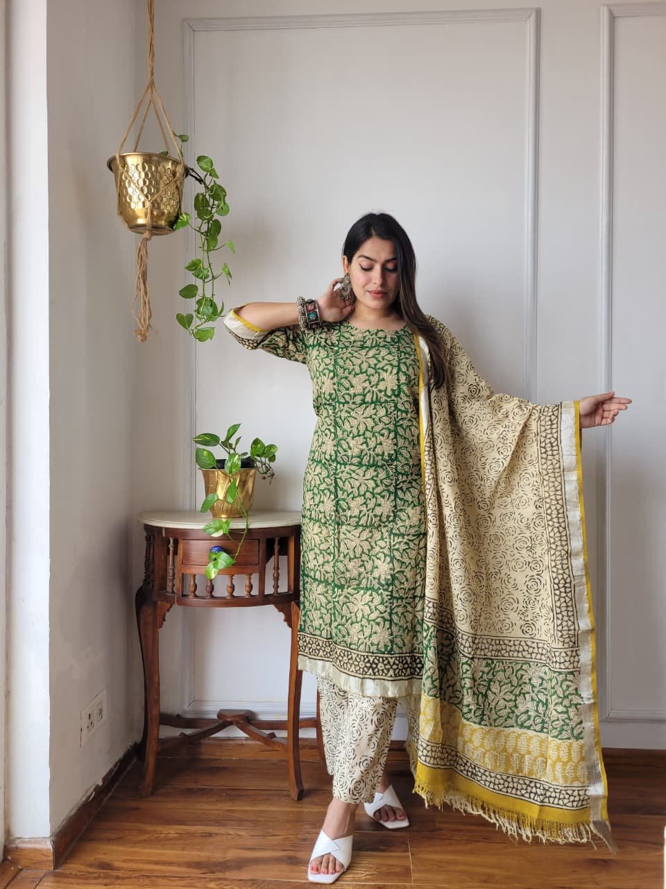 Green Bagru Hand Block Printed Linen Suit Set