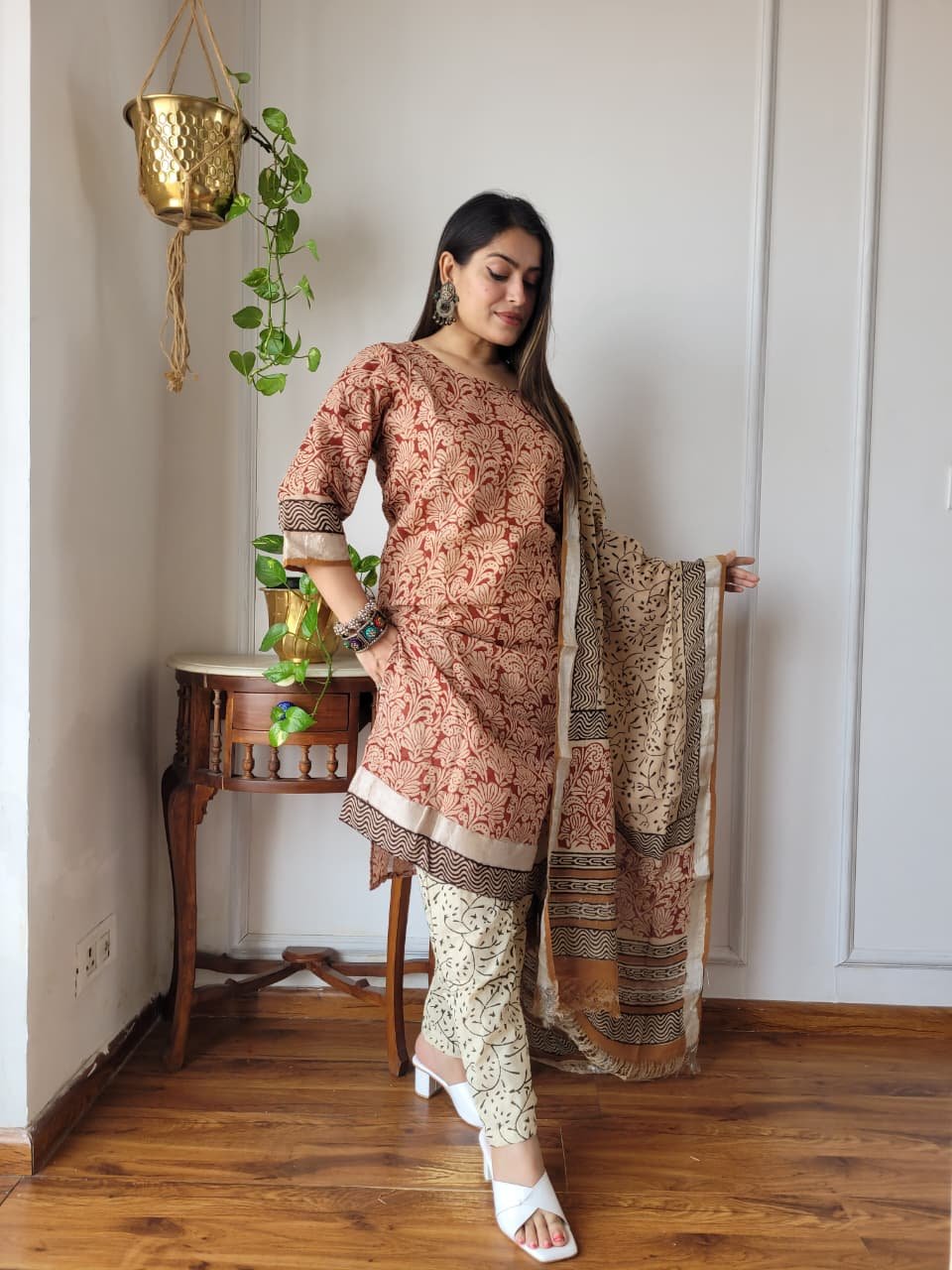 Red Bagru Hand Block Printed Linen Suit Set
