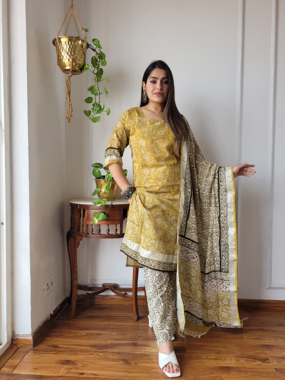 Yellow Bagru Hand Block Printed Linen Suit Set