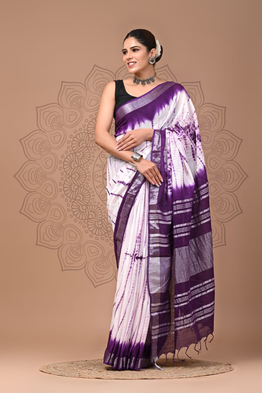 Hand Block Printed Linen Saree with Blouse