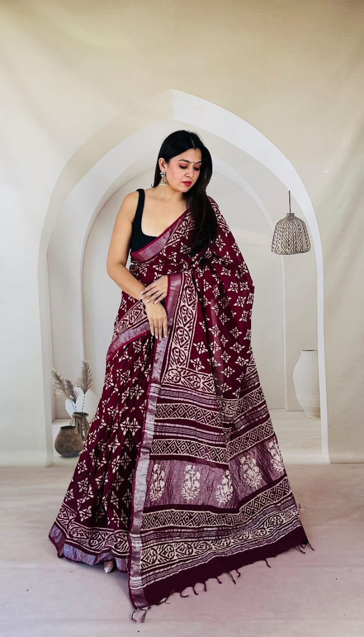 Hand Block Printed Linen Saree with Blouse