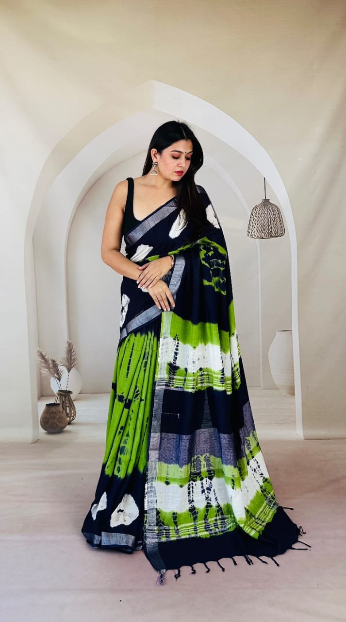 Hand Block Printed Linen Saree with Blouse