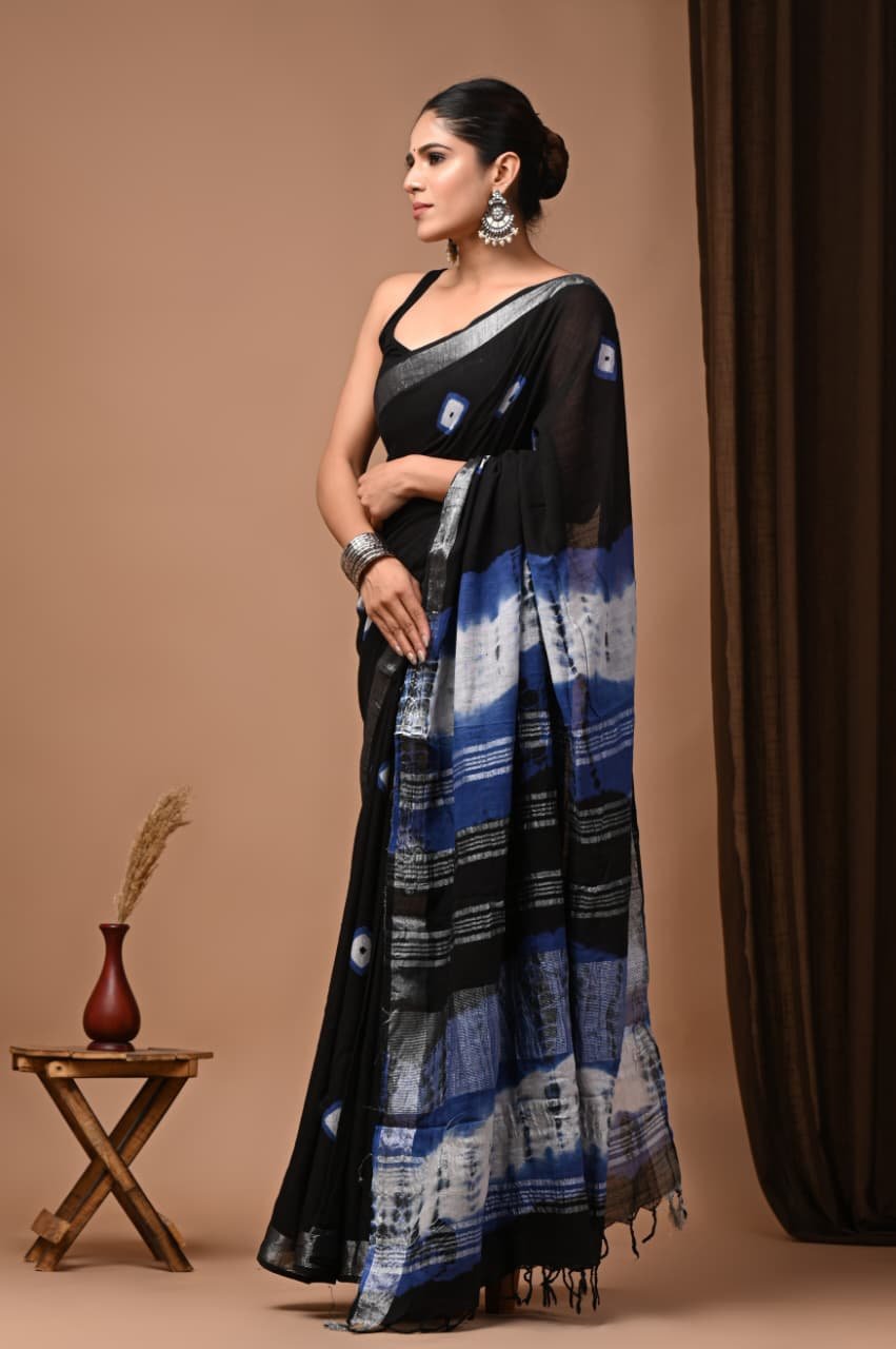 Hand Block Printed Linen Saree with Blouse