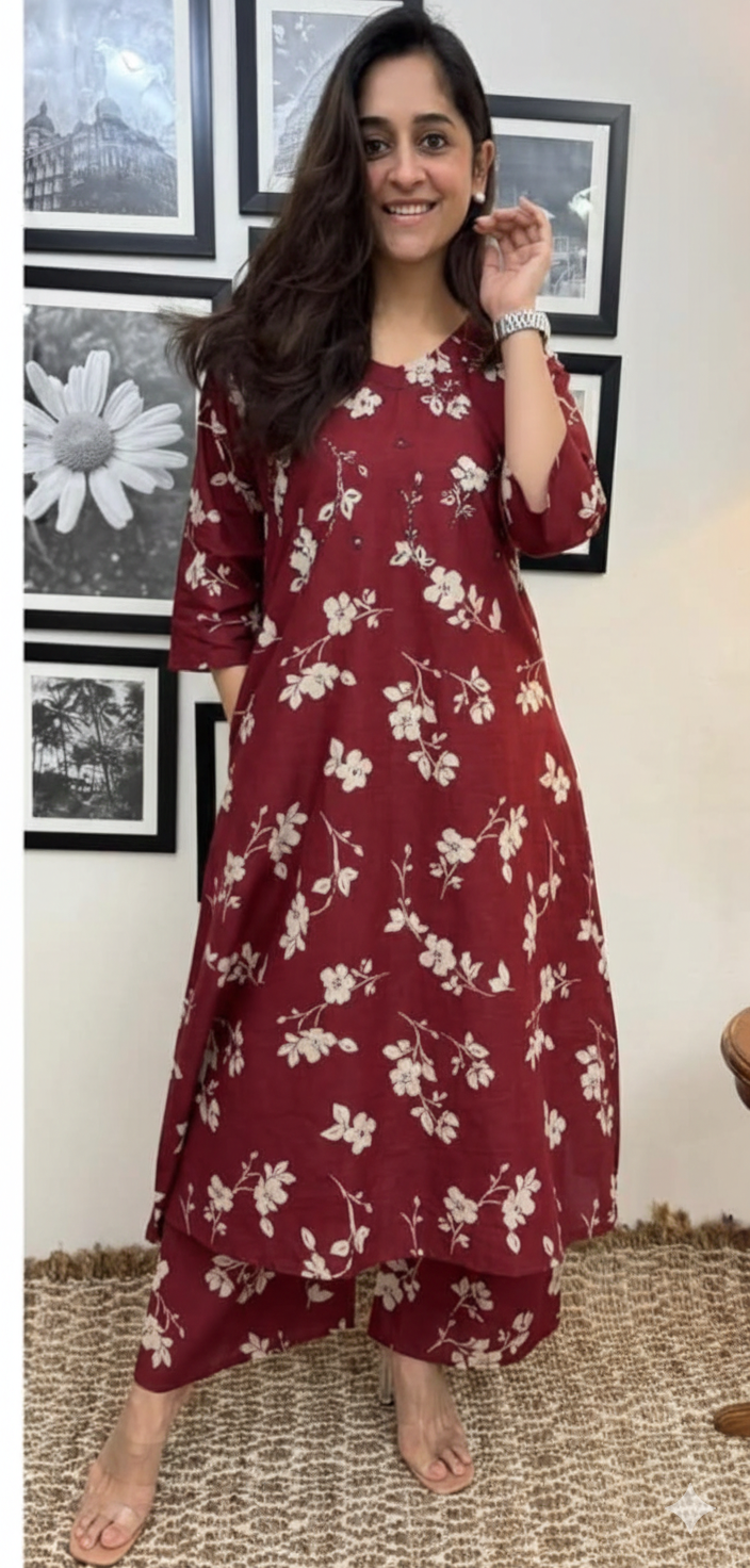 Maroon Flared A-Line Cotton Kurti Plazzo Set