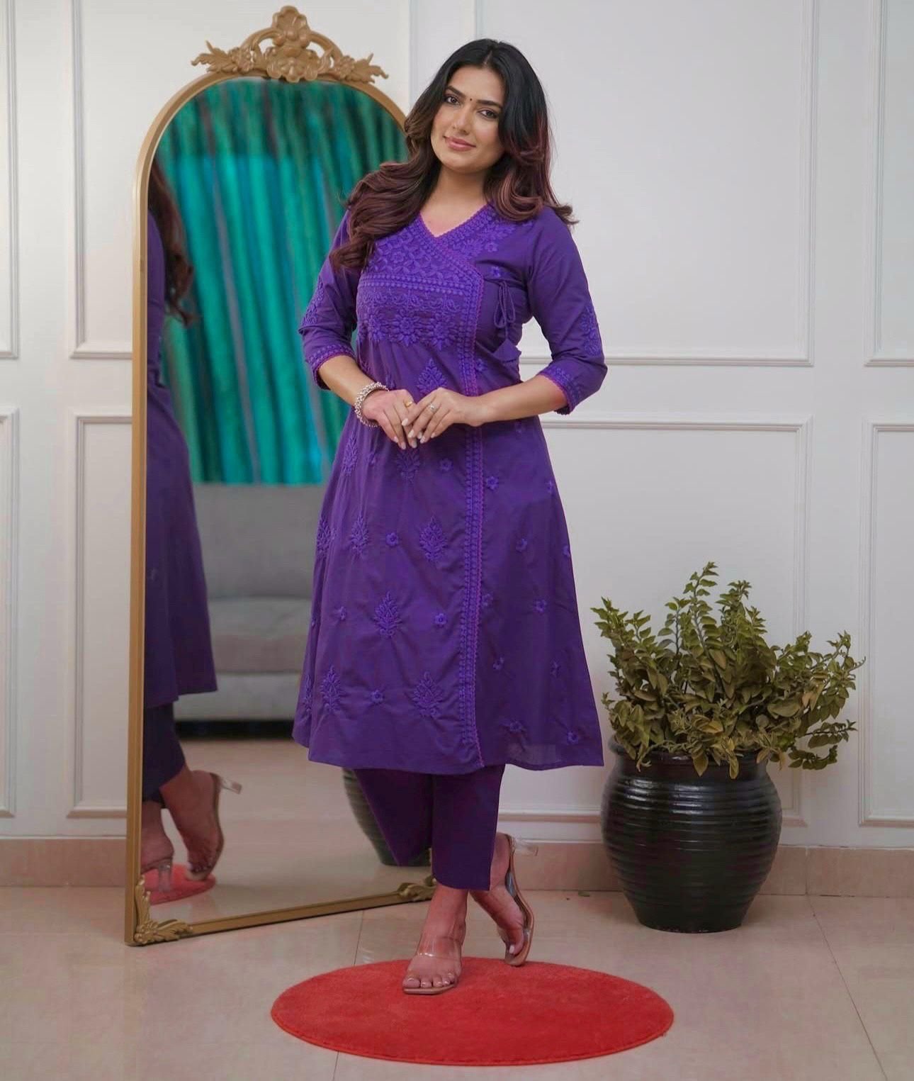 Purple Chikankari Cotton Angrakha Kurti Pant Set