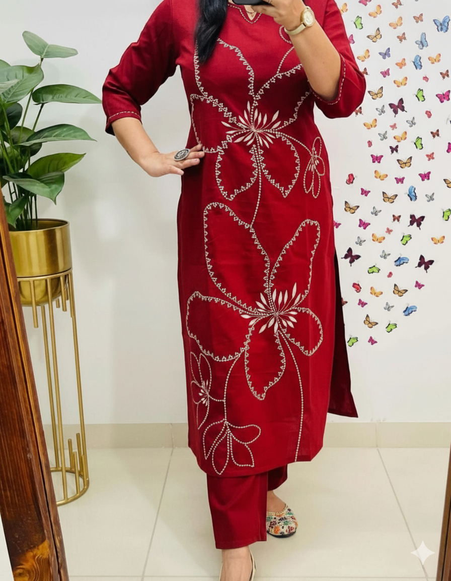 Red Heavy Cotton 60x60 Embroidered Kurti Pant Set
