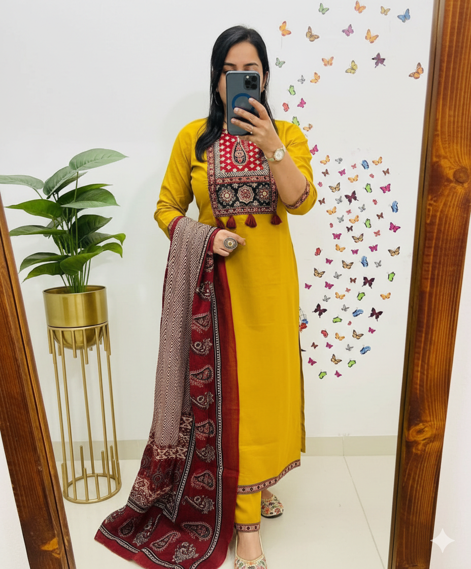 Yellow Voluminous Cotton Suit Set with Dupatta