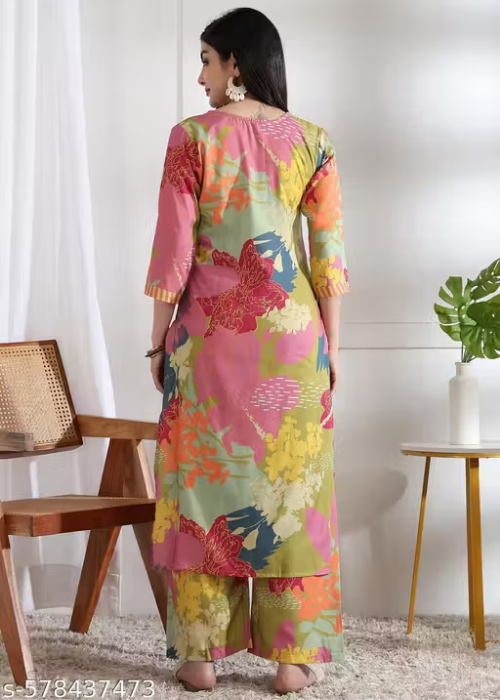 Floral Mandarin Collar A-Line With Trousers