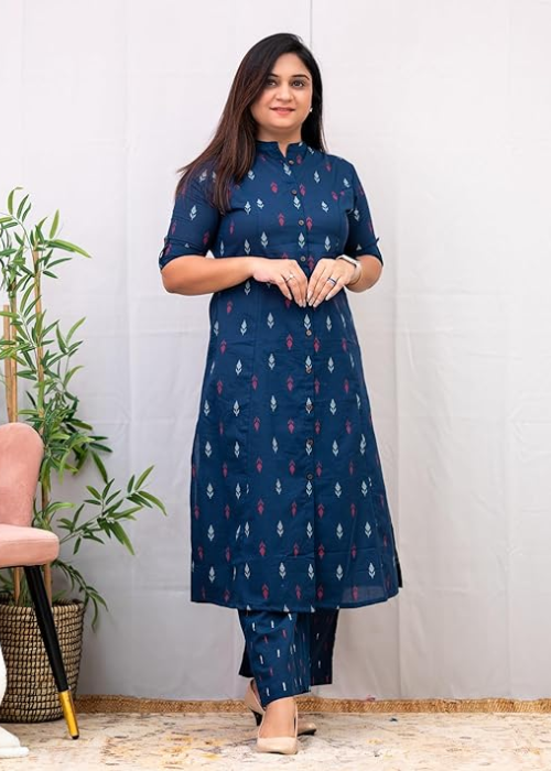 Ethnic Wear Women's Blue Blend A-Line Kurta Pant Set
