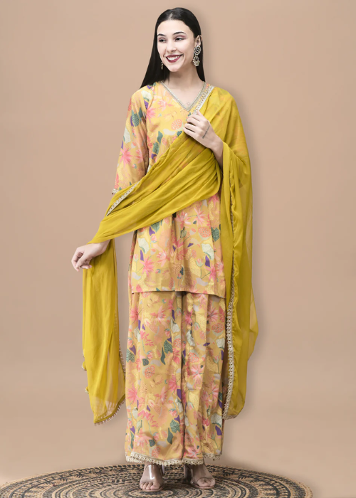 Women Chinon Mustard Floral Print Kurta Split Pant Dupatta