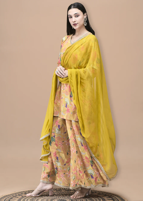 Women Chinon Mustard Floral Print Kurta Split Pant Dupatta