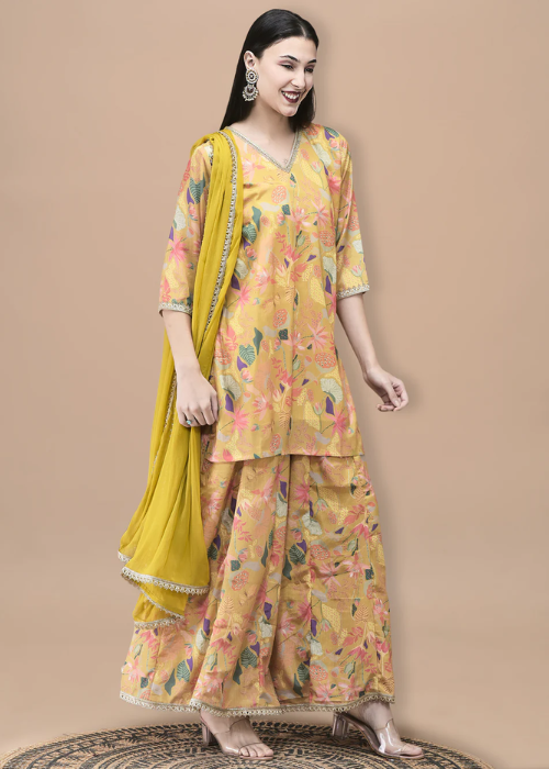 Women Chinon Mustard Floral Print Kurta Split Pant Dupatta