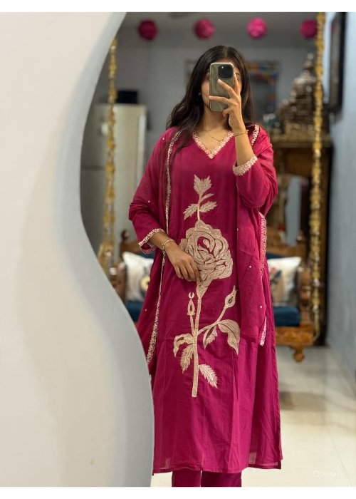 Pure Mul Cotton Floral Embroidered Pant Set